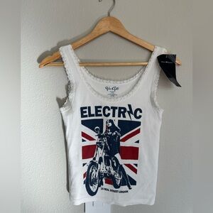 Brandy Melville White Tank with Navy Graphic Electric Tags on